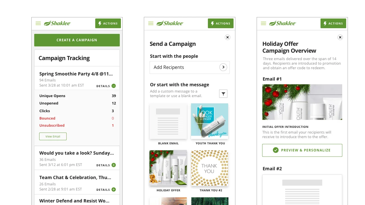 Three marketing screens: campaign tracking with opens and clicks, choosing a template for a new campaign, and a three-email holiday offer sequence.
